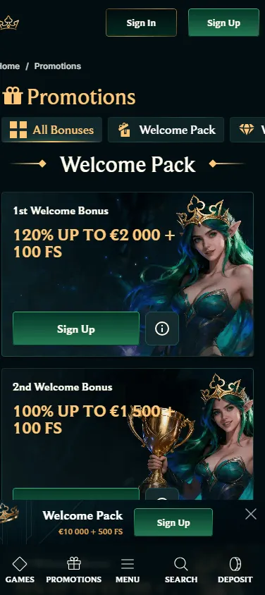Faircrown Casino mobile promotions area with free spins and bonus offers