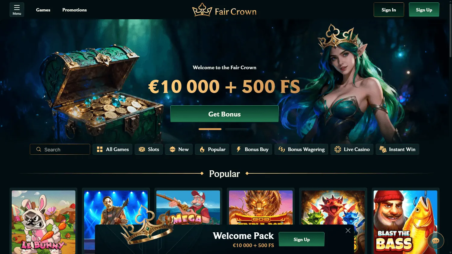 Faircrown Casino desktop home with welcome offer and casino navigation