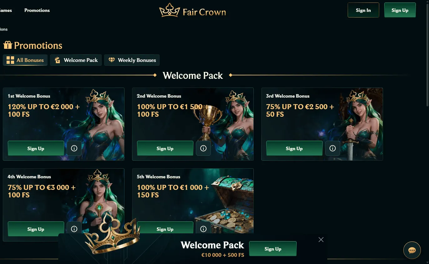 Faircrown Casino desktop promotions area with free spins and bonus offers