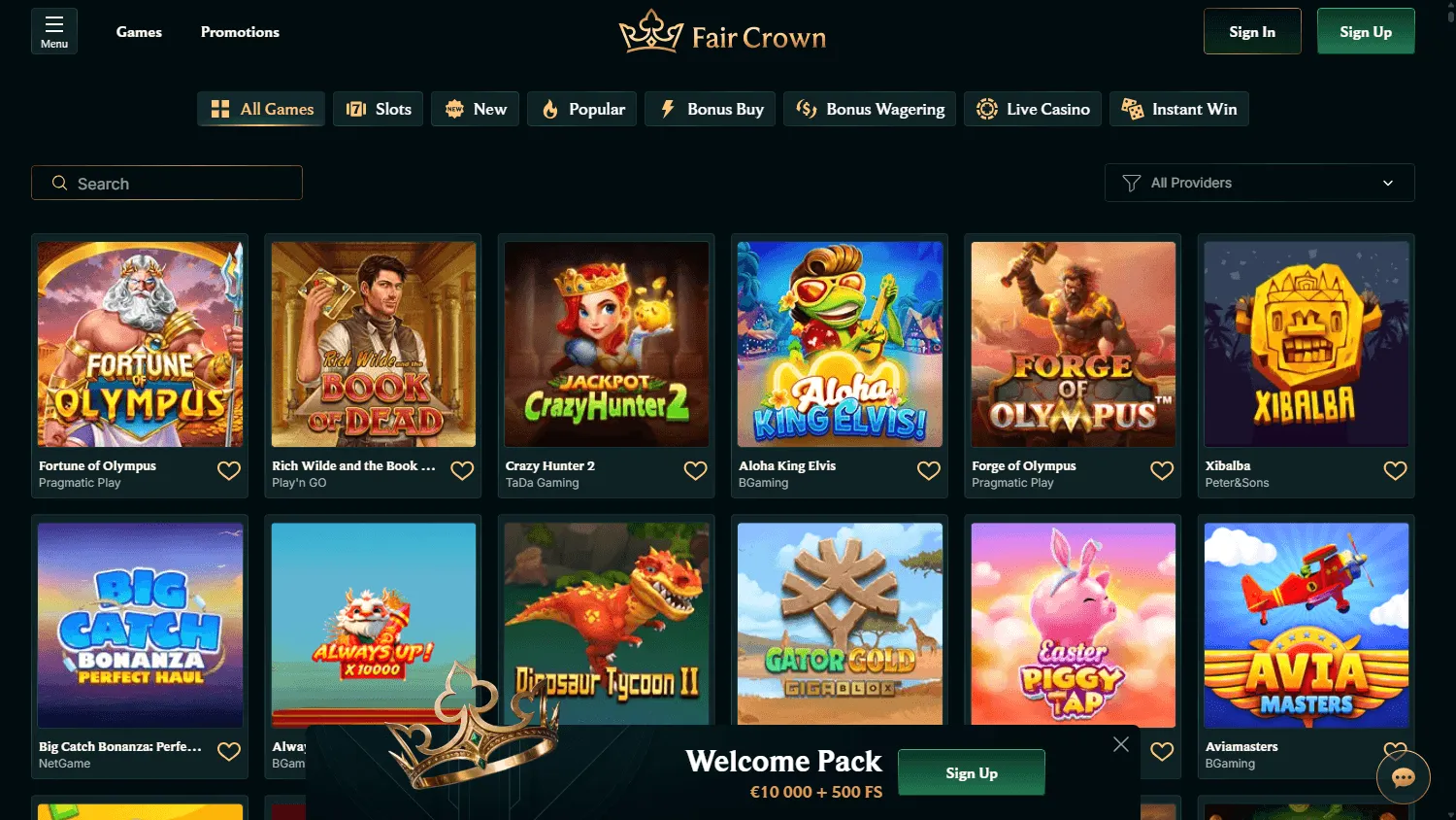 Faircrown Casino desktop games area with casino categories and titles