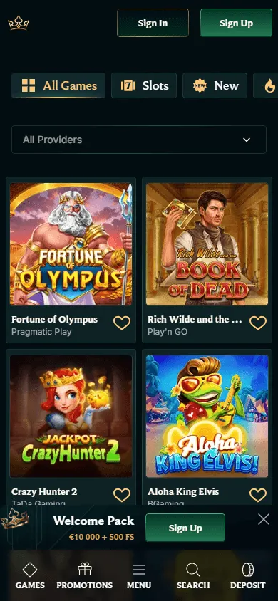 Faircrown Casino mobile games area with casino categories and titles